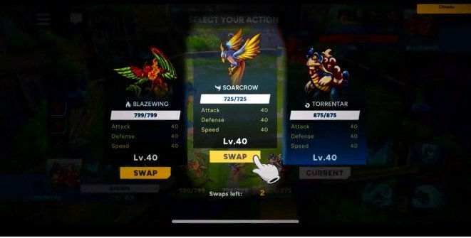 Game screen showing character selection with options to swap characters BlazeWing, SoarCrow, and Torrentar.