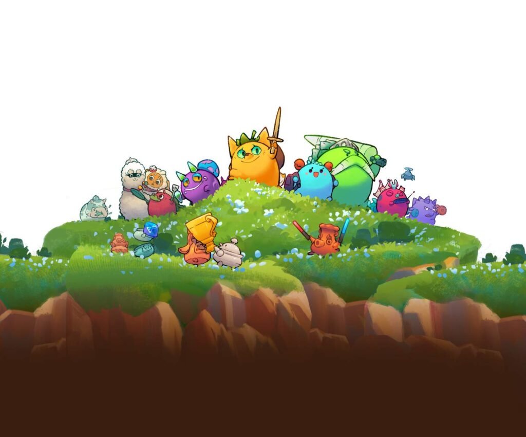 Group of colorful, cute characters on a grassy hill, each with unique expressions and accessories.