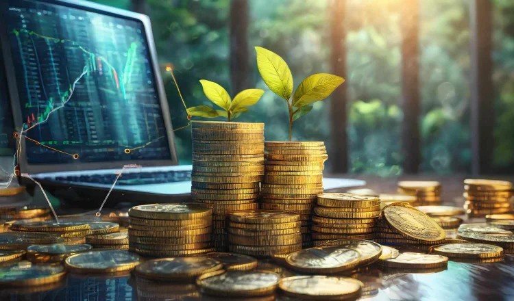 Stacks of coins with plants growing on top in front of a laptop displaying financial charts.