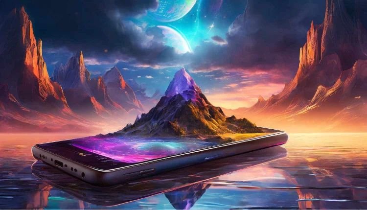 Surreal fantasy landscape emerging from a smartphone screen with mountains, planets, and vibrant colors.