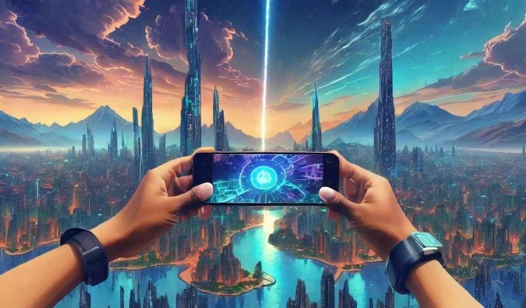 Hands holding a smartphone displaying a futuristic cityscape game with tall buildings and bright lights.