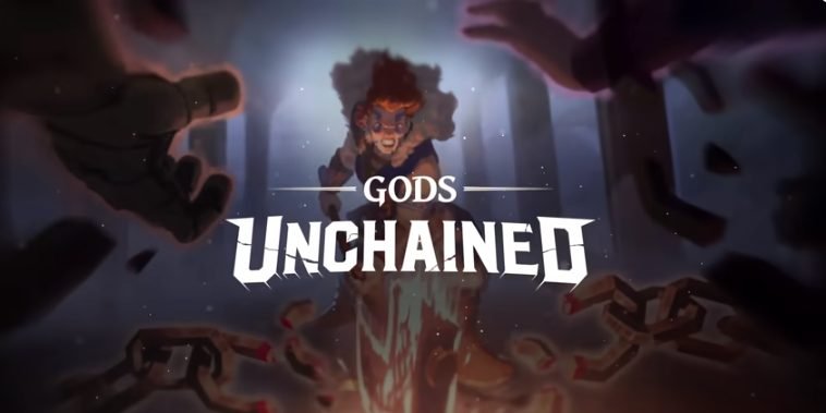 Title screen of the game "Gods Unchained" featuring a chained character breaking free.