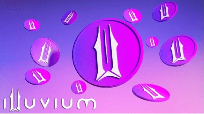Illuvium logo surrounded by multiple purple tokens on a gradient background.