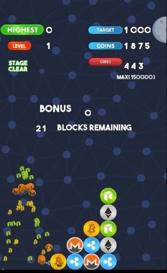 Screenshot of a mobile block puzzle game showing various crypto symbols and game stats.


