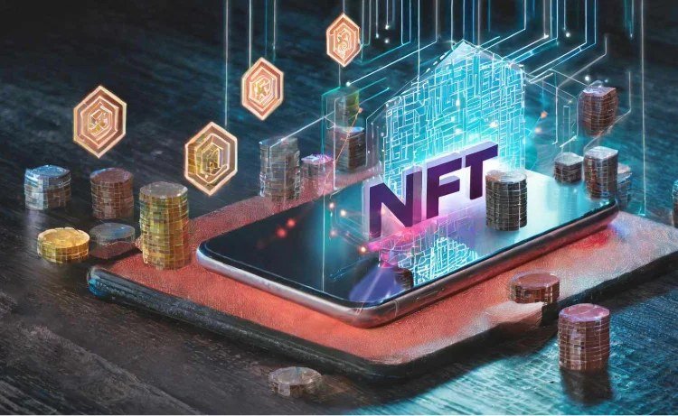 Concept image of NFTs displayed on a smartphone with digital icons and stacks of coins surrounding it.