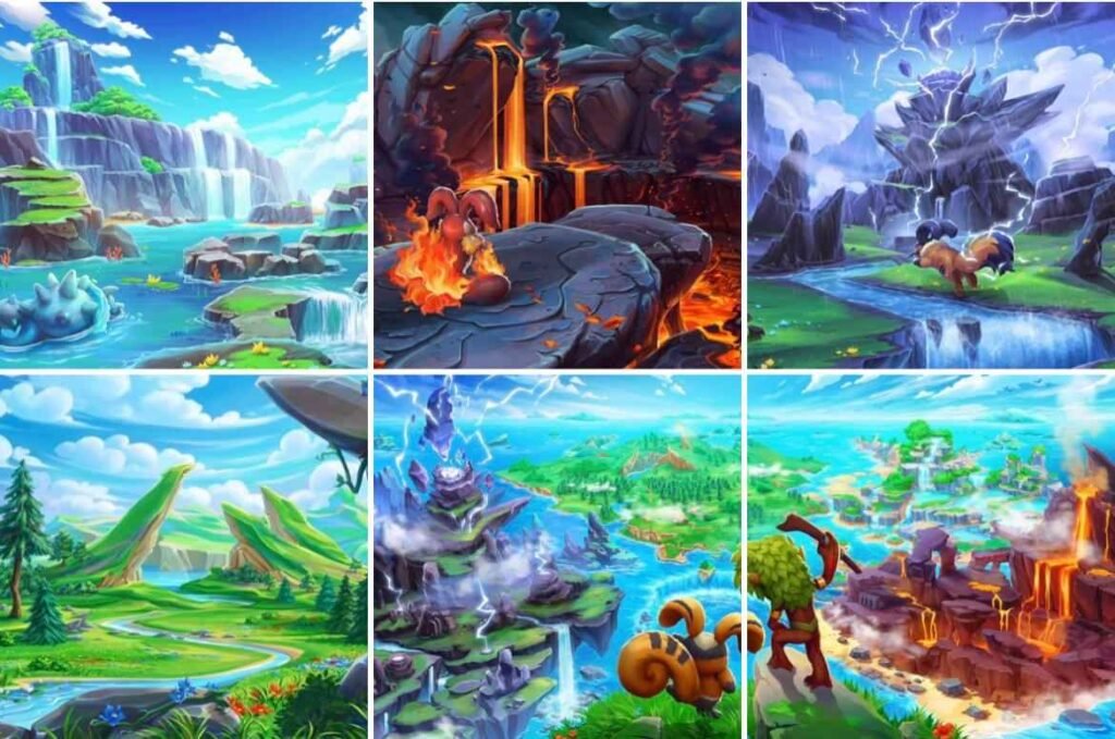 Collage of vibrant fantasy game landscapes featuring various terrains including waterfalls, lava, and lightning.