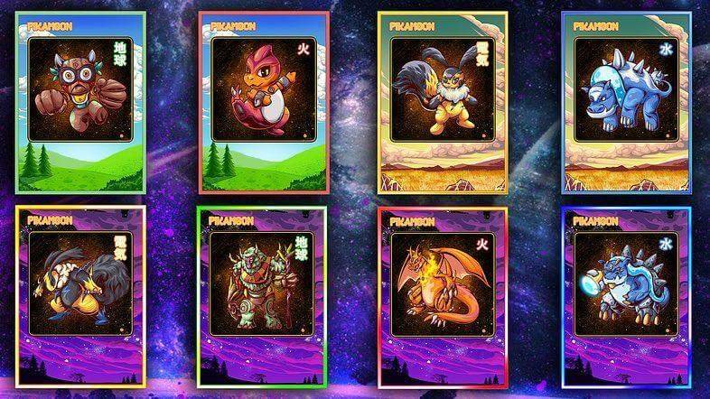 Set of Pikamoon trading cards featuring various characters on a cosmic background.