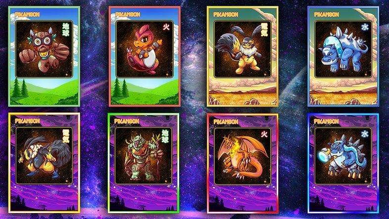 Set of Pikamoon trading cards featuring various characters on a cosmic background.


