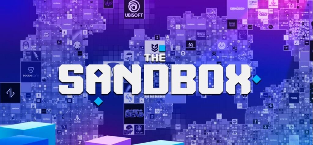 The Sandbox game logo on a blue and purple pixelated background.
