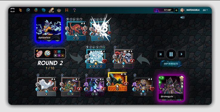 Gameplay screen from Splinterlands showing a battle in progress during round 2.