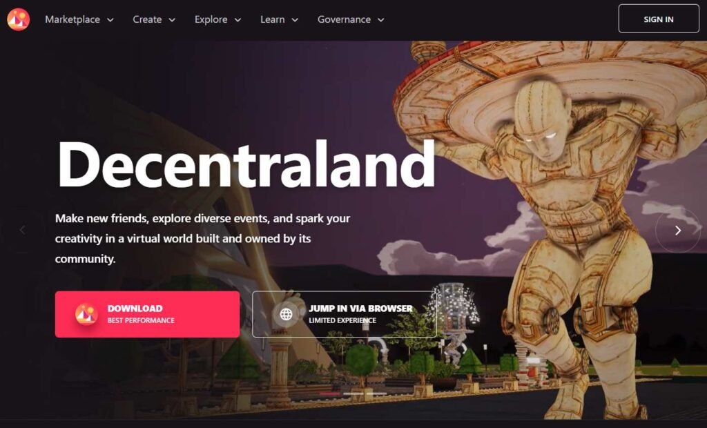 Homepage of Decentraland game